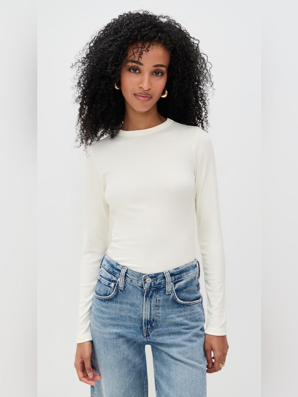 Reformation Long Sleeve Crewneck Ribbed Top - White